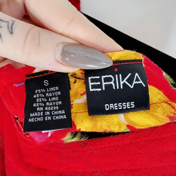 4/$20 Vintage Erika Sleeveless Linen Red Tropical Floral Print Dress Small - Picture 4 of 7